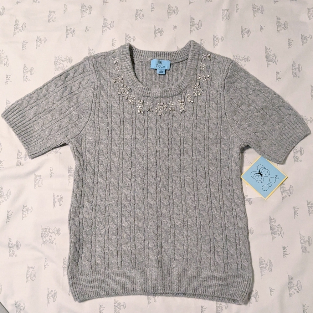 NWT CeCe cable knit gray sweater with sequins